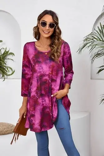 ENMAIN Women's Tops 3/4 Sleeve Dressy Casual Plus Size Tunic Tops to Wear with Leggings Swing Flare T-Shirt Loose Fit Blouses - 4