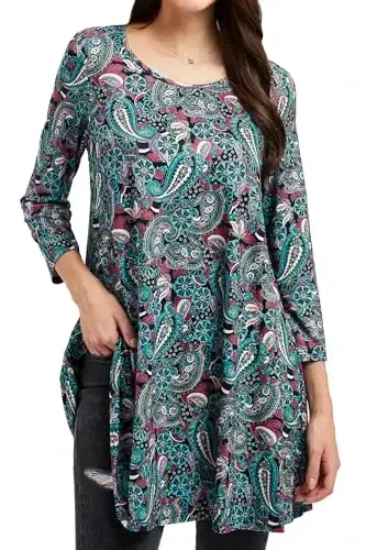 ENMAIN Women's Tops 3/4 Sleeve Dressy Casual Plus Size Tunic Tops to Wear with Leggings Swing Flare T-Shirt Loose Fit Blouses 