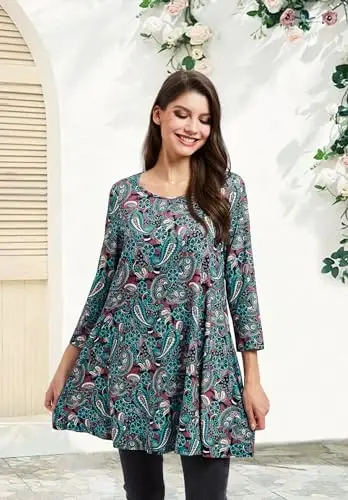 ENMAIN Women's Tops 3/4 Sleeve Dressy Casual Plus Size Tunic Tops to Wear with Leggings Swing Flare T-Shirt Loose Fit Blouses - 3