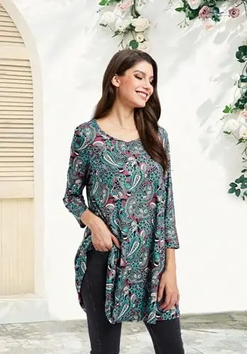 ENMAIN Women's Tops 3/4 Sleeve Dressy Casual Plus Size Tunic Tops to Wear with Leggings Swing Flare T-Shirt Loose Fit Blouses - 5