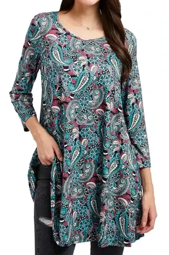 ENMAIN Women's Tops 3/4 Sleeve Dressy Casual Plus Size Tunic Tops to Wear with Leggings Swing Flare T-Shirt Loose Fit Blouses - 1