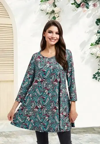 ENMAIN Women's Tops 3/4 Sleeve Dressy Casual Plus Size Tunic Tops to Wear with Leggings Swing Flare T-Shirt Loose Fit Blouses - 4