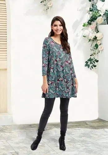ENMAIN Women's Tops 3/4 Sleeve Dressy Casual Plus Size Tunic Tops to Wear with Leggings Swing Flare T-Shirt Loose Fit Blouses - 6