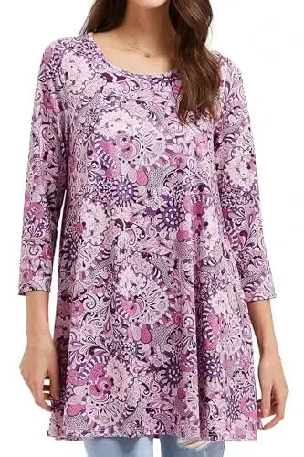 ENMAIN Women's Tops 3/4 Sleeve Dressy Casual Plus Size Tunic Tops to Wear with Leggings Swing Flare T-Shirt Loose Fit Blouses 