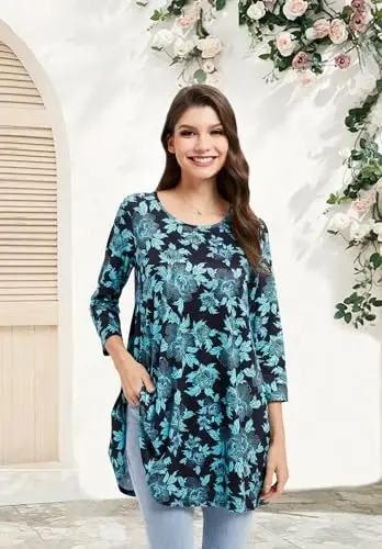 ENMAIN Women's Tops 3/4 Sleeve Dressy Casual Plus Size Tunic Tops to Wear with Leggings Swing Flare T-Shirt Loose Fit Blouses - 2