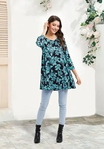 ENMAIN Women's Tops 3/4 Sleeve Dressy Casual Plus Size Tunic Tops to Wear with Leggings Swing Flare T-Shirt Loose Fit Blouses - 6