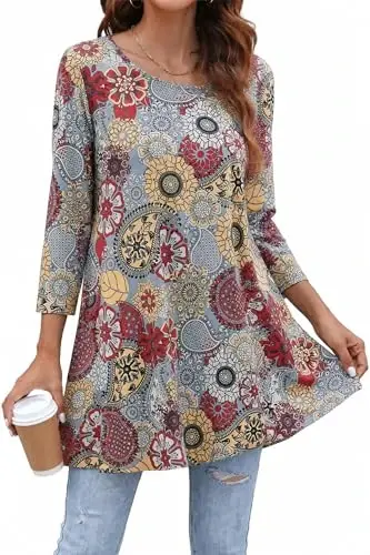 ENMAIN Womens Tops 3/4 Sleeve Tunic Tops Dressy Casual Plus Size Tunic To Wear With Leggings Swing Shirt Loose Fit Blouses 
