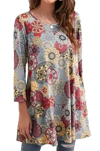 ENMAIN Women's Tops 3/4 Sleeve Dressy Casual Plus Size Tunic Tops to Wear with Leggings Swing Flare T-Shirt Loose Fit Blouses 