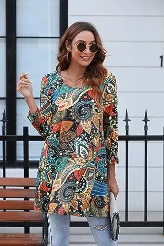 ENMAIN Women's Tops 3/4 Sleeve Dressy Casual Plus Size Tunic Tops to Wear with Leggings Swing Flare T-Shirt Loose Fit Blouses - 3