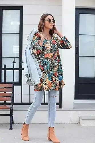 ENMAIN Women's Tops 3/4 Sleeve Dressy Casual Plus Size Tunic Tops to Wear with Leggings Swing Flare T-Shirt Loose Fit Blouses - MODAZONE (1)