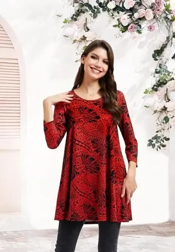 ENMAIN Women's Tops 3/4 Sleeve Dressy Casual Plus Size Tunic Tops to Wear with Leggings Swing Flare T-Shirt Loose Fit Blouses - 3