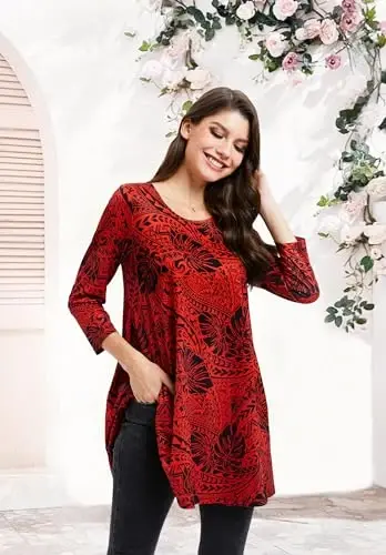 ENMAIN Women's Tops 3/4 Sleeve Dressy Casual Plus Size Tunic Tops to Wear with Leggings Swing Flare T-Shirt Loose Fit Blouses - 4