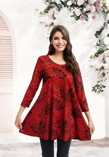 ENMAIN Women's Tops 3/4 Sleeve Dressy Casual Plus Size Tunic Tops to Wear with Leggings Swing Flare T-Shirt Loose Fit Blouses - 5