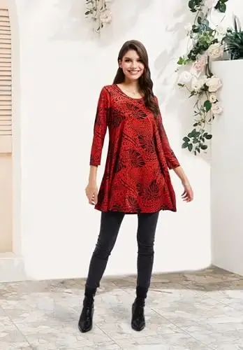 ENMAIN Women's Tops 3/4 Sleeve Dressy Casual Plus Size Tunic Tops to Wear with Leggings Swing Flare T-Shirt Loose Fit Blouses - 6