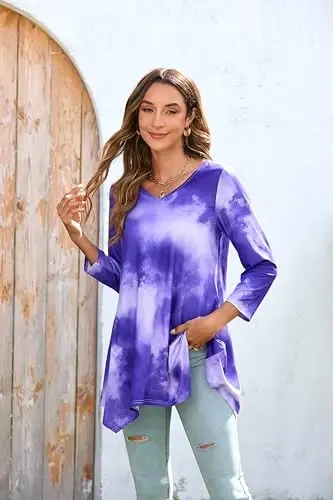 ENMAIN Women's Tops 3/4 Sleeve Dressy Casual Plus Size Tunic Tops to Wear with Leggings Swing Flare T-Shirt Loose Fit Blouses - 2