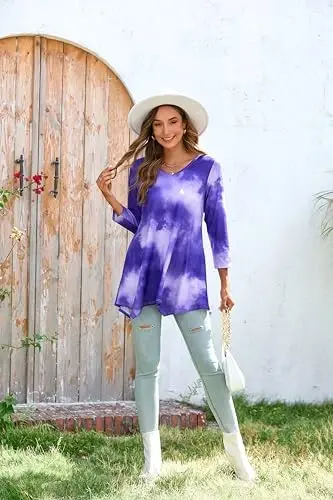 ENMAIN Women's Tops 3/4 Sleeve Dressy Casual Plus Size Tunic Tops to Wear with Leggings Swing Flare T-Shirt Loose Fit Blouses - 5