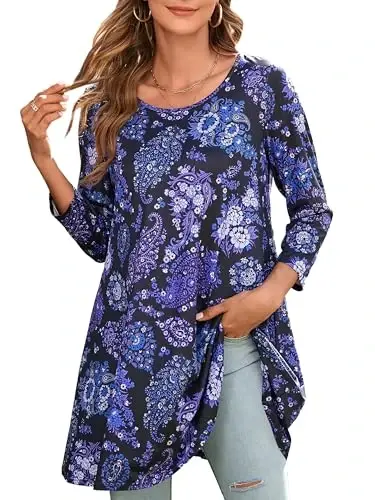 ENMAIN Women's Tops 3/4 Sleeve Dressy Casual Plus Size Tunic Tops to Wear with Leggings Swing Flare T-Shirt Loose Fit Blouses - MODAZONE