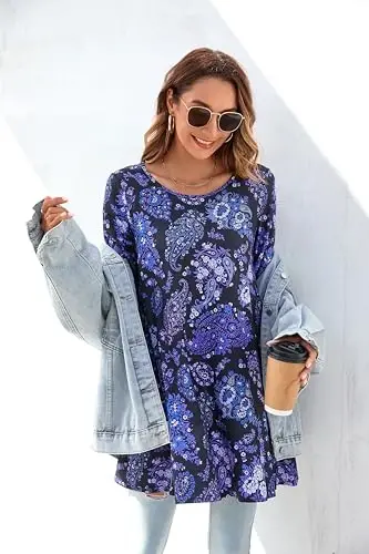ENMAIN Women's Tops 3/4 Sleeve Dressy Casual Plus Size Tunic Tops to Wear with Leggings Swing Flare T-Shirt Loose Fit Blouses - 3