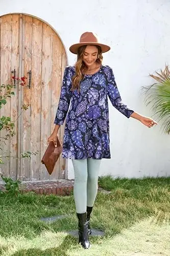 ENMAIN Women's Tops 3/4 Sleeve Dressy Casual Plus Size Tunic Tops to Wear with Leggings Swing Flare T-Shirt Loose Fit Blouses - 4