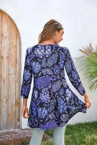 ENMAIN Women's Tops 3/4 Sleeve Dressy Casual Plus Size Tunic Tops to Wear with Leggings Swing Flare T-Shirt Loose Fit Blouses - 6