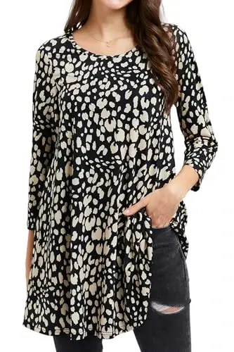 ENMAIN Women's Tops 3/4 Sleeve Dressy Casual Plus Size Tunic Tops to Wear with Leggings Swing Flare T-Shirt Loose Fit Blouses - 12
