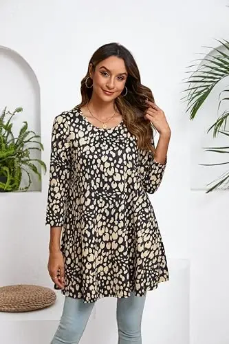 ENMAIN Women's Tops 3/4 Sleeve Dressy Casual Plus Size Tunic Tops to Wear with Leggings Swing Flare T-Shirt Loose Fit Blouses - 11