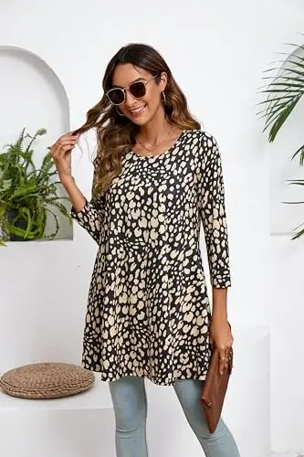 ENMAIN Women's Tops 3/4 Sleeve Dressy Casual Plus Size Tunic Tops to Wear with Leggings Swing Flare T-Shirt Loose Fit Blouses - 9