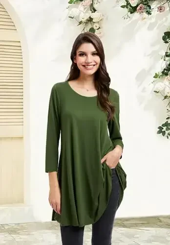 ENMAIN Women's Tops 3/4 Sleeve Dressy Casual Plus Size Tunic Tops to Wear with Leggings Swing Flare T-Shirt Loose Fit Blouses - 2