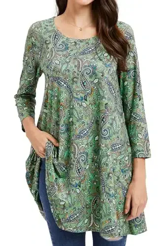 ENMAIN Women's Tops 3/4 Sleeve Dressy Casual Plus Size Tunic Tops to Wear with Leggings Swing Flare T-Shirt Loose Fit Blouses 