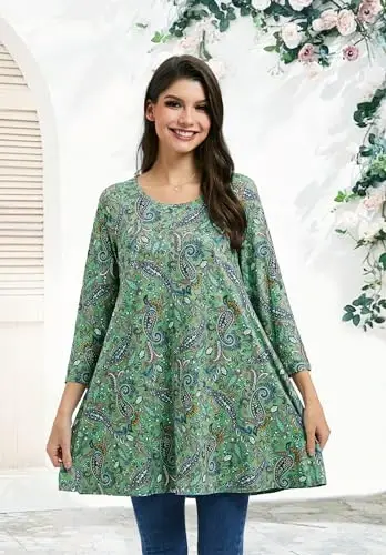 ENMAIN Women's Tops 3/4 Sleeve Dressy Casual Plus Size Tunic Tops to Wear with Leggings Swing Flare T-Shirt Loose Fit Blouses - MODAZONE (1)