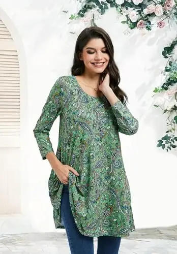 ENMAIN Women's Tops 3/4 Sleeve Dressy Casual Plus Size Tunic Tops to Wear with Leggings Swing Flare T-Shirt Loose Fit Blouses - 3