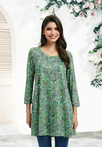 ENMAIN Women's Tops 3/4 Sleeve Dressy Casual Plus Size Tunic Tops to Wear with Leggings Swing Flare T-Shirt Loose Fit Blouses - 4