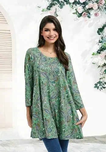 ENMAIN Women's Tops 3/4 Sleeve Dressy Casual Plus Size Tunic Tops to Wear with Leggings Swing Flare T-Shirt Loose Fit Blouses - 5