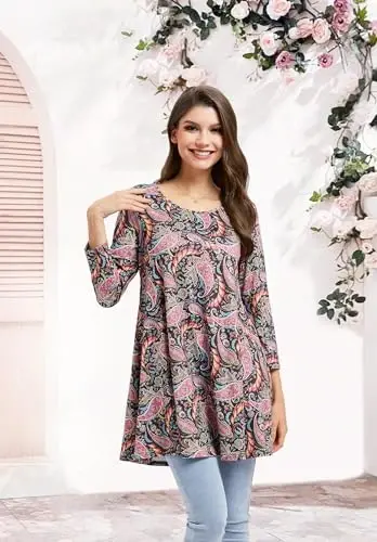 ENMAIN Women's Tops 3/4 Sleeve Dressy Casual Plus Size Tunic Tops to Wear with Leggings Swing Flare T-Shirt Loose Fit Blouses - 2