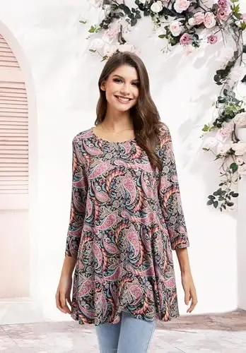 ENMAIN Women's Tops 3/4 Sleeve Dressy Casual Plus Size Tunic Tops to Wear with Leggings Swing Flare T-Shirt Loose Fit Blouses - 3