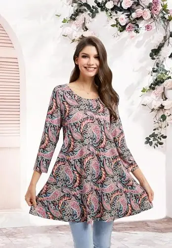ENMAIN Women's Tops 3/4 Sleeve Dressy Casual Plus Size Tunic Tops to Wear with Leggings Swing Flare T-Shirt Loose Fit Blouses - 5