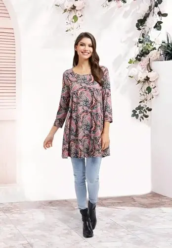 ENMAIN Women's Tops 3/4 Sleeve Dressy Casual Plus Size Tunic Tops to Wear with Leggings Swing Flare T-Shirt Loose Fit Blouses - 6