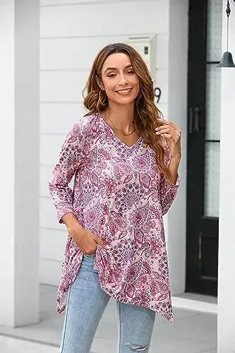 ENMAIN Women's Tops 3/4 Sleeve Dressy Casual Plus Size Tunic Tops to Wear with Leggings Swing Flare T-Shirt Loose Fit Blouses - 3