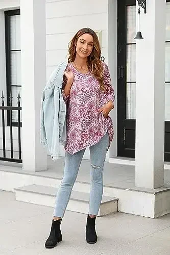 ENMAIN Women's Tops 3/4 Sleeve Dressy Casual Plus Size Tunic Tops to Wear with Leggings Swing Flare T-Shirt Loose Fit Blouses - 6