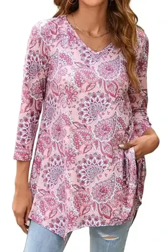 ENMAIN Women's Tops 3/4 Sleeve Dressy Casual Plus Size Tunic Tops to Wear with Leggings Swing Flare T-Shirt Loose Fit Blouses - MODAZONE
