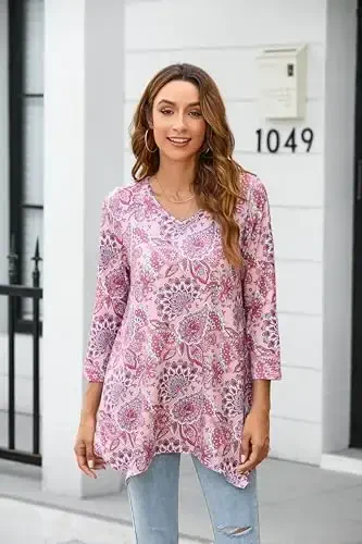 ENMAIN Women's Tops 3/4 Sleeve Dressy Casual Plus Size Tunic Tops to Wear with Leggings Swing Flare T-Shirt Loose Fit Blouses - MODAZONE (1)