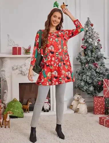 ENMAIN Women's Tops 3/4 Sleeve Dressy Casual Plus Size Tunic Tops to Wear with Leggings Swing Flare T-Shirt Loose Fit Blouses - 6