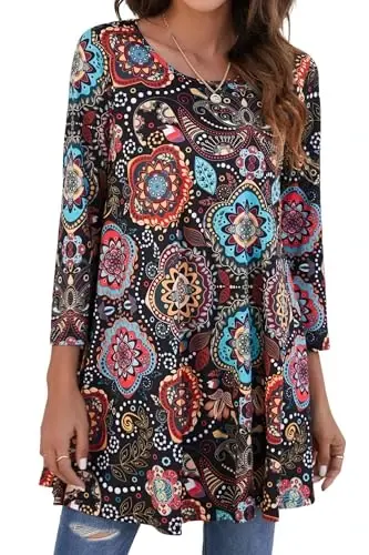 ENMAIN Women's Tops 3/4 Sleeve Dressy Casual Plus Size Tunic Tops to Wear with Leggings Swing Flare T-Shirt Loose Fit Blouses - 1