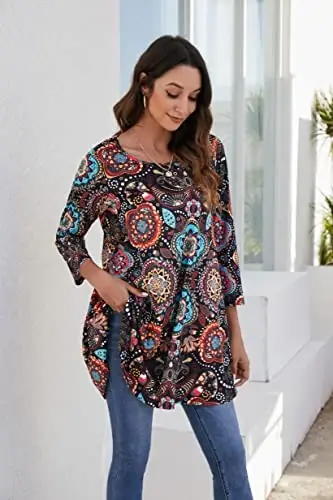 ENMAIN Women's Tops 3/4 Sleeve Dressy Casual Plus Size Tunic Tops to Wear with Leggings Swing Flare T-Shirt Loose Fit Blouses - 2