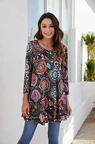 ENMAIN Women's Tops 3/4 Sleeve Dressy Casual Plus Size Tunic Tops to Wear with Leggings Swing Flare T-Shirt Loose Fit Blouses - 3