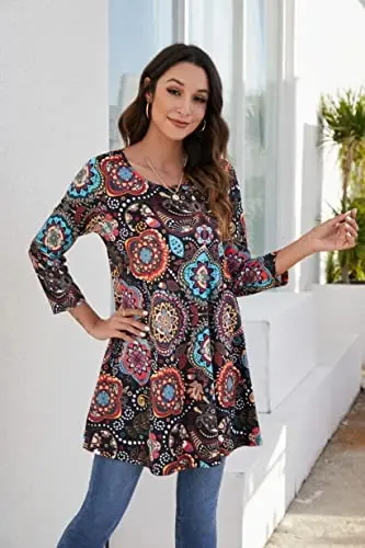 ENMAIN Women's Tops 3/4 Sleeve Dressy Casual Plus Size Tunic Tops to Wear with Leggings Swing Flare T-Shirt Loose Fit Blouses - 4