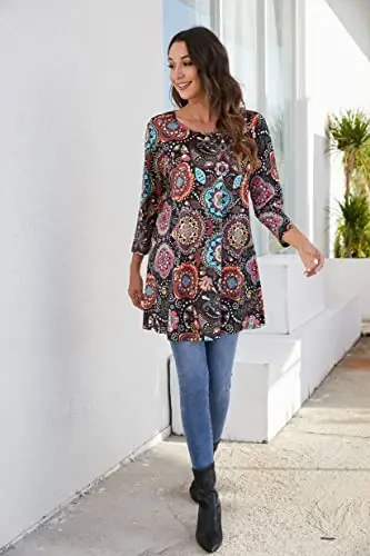 ENMAIN Women's Tops 3/4 Sleeve Dressy Casual Plus Size Tunic Tops to Wear with Leggings Swing Flare T-Shirt Loose Fit Blouses - 5