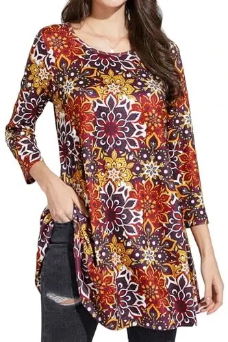 ENMAIN Women's Tops 3/4 Sleeve Dressy Casual Plus Size Tunic Tops to Wear with Leggings Swing Flare T-Shirt Loose Fit Blouses - MODAZONE