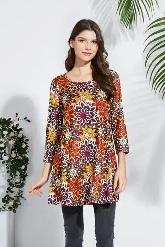 ENMAIN Women's Tops 3/4 Sleeve Dressy Casual Plus Size Tunic Tops to Wear with Leggings Swing Flare T-Shirt Loose Fit Blouses - 3