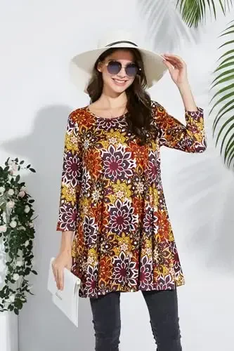 ENMAIN Women's Tops 3/4 Sleeve Dressy Casual Plus Size Tunic Tops to Wear with Leggings Swing Flare T-Shirt Loose Fit Blouses - 4
